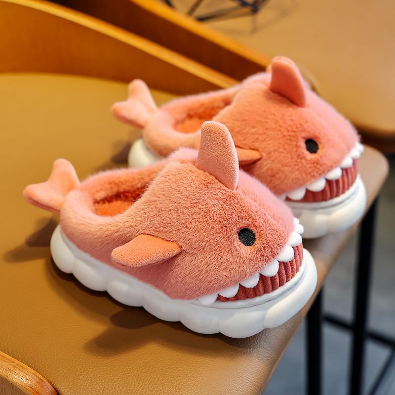 Winter Cartoon Shark Cotton Slippers Boys Indoor Soft Bottom Padded Warm Middle And Large Children Non-slip Children's Slippers