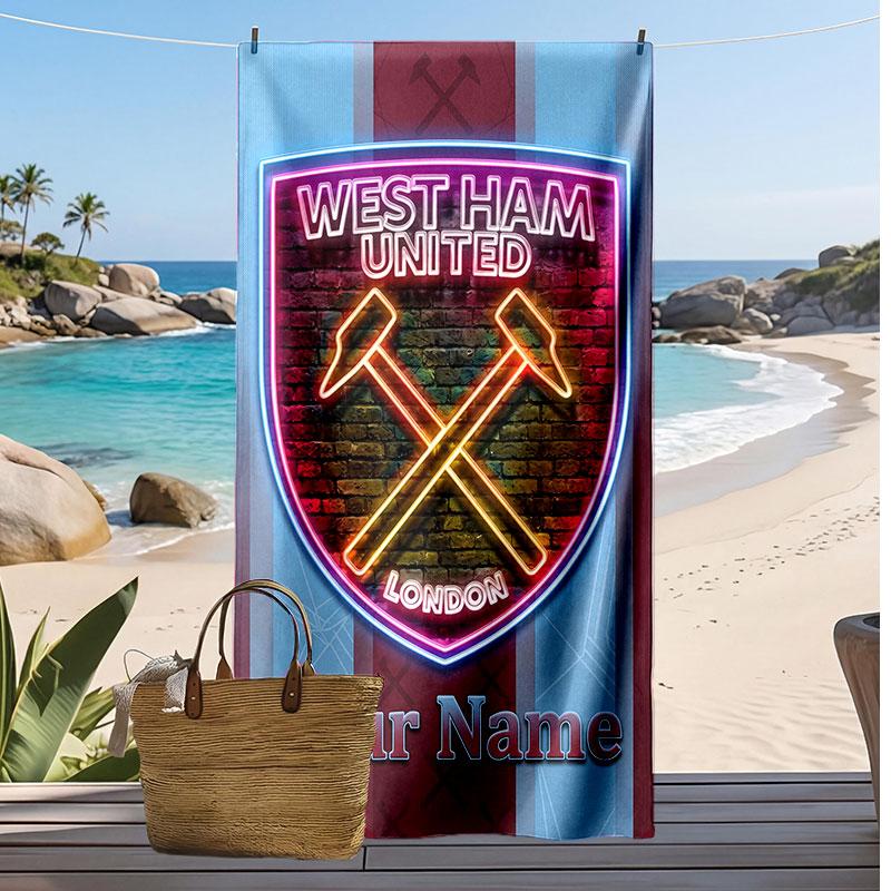 West Ham United FC Personalized Printed Beach Towel Soccer Logo Support Custom Name Text Absorbent Towel For Sport Travel Special Gift
