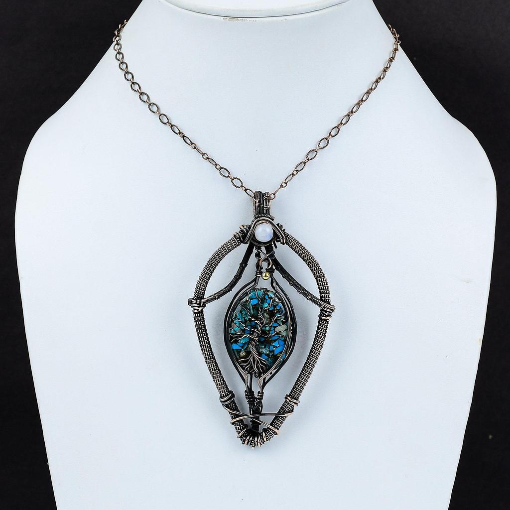 Tree Of Life Copper Chrysocolla Pendant Copper Wire Wrapped Rainbow Moonstone Pendant Gemstone Copper Jewelry For Gift Handmade Boho Pendant