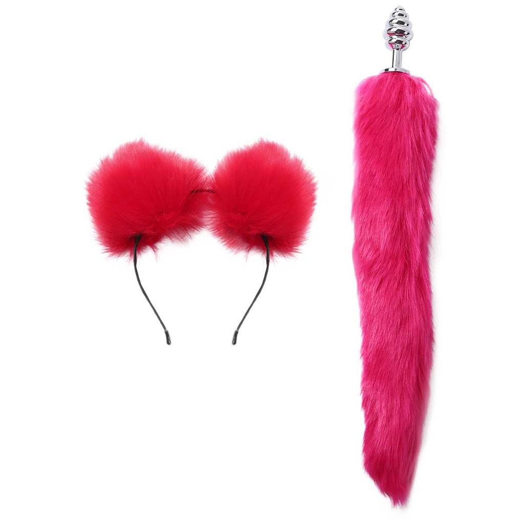 Женский эротический косплей, секс-костюм, комплект, хвост, металлический анальный анальная пробка, игрушки с искусственным мехом, уши животных, повязка на голову, секс-игра для взрослых