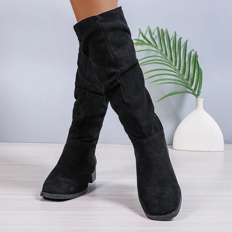 Женские замшевые сапоги челси до колена на среднем каблуке, модные зимние туфли 2024 года, новые туфли для ходьбы, классические трендовые туфли Chaussures Femme