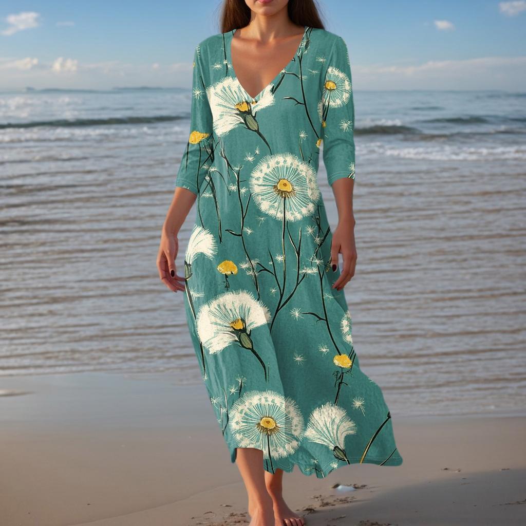 Women's Vintage Print Tunic Waisted Midi Dress Summer Casual 3/4 Sleeve Dress Dress