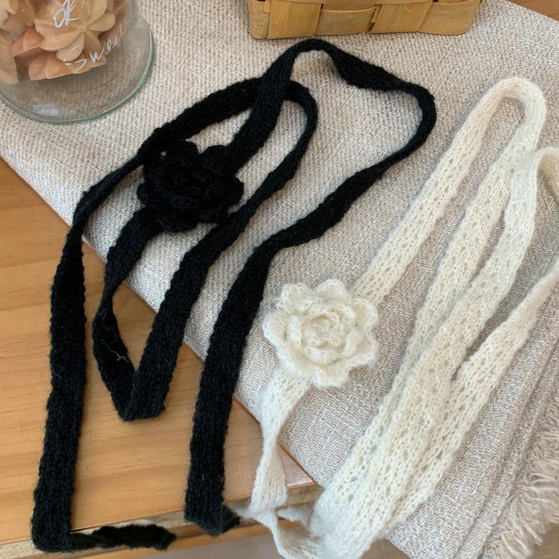 Elegant Autumn And Winter Handmade Flower Decorated Long Scarf Girls Chic Thin Scarves 180*1.5cm