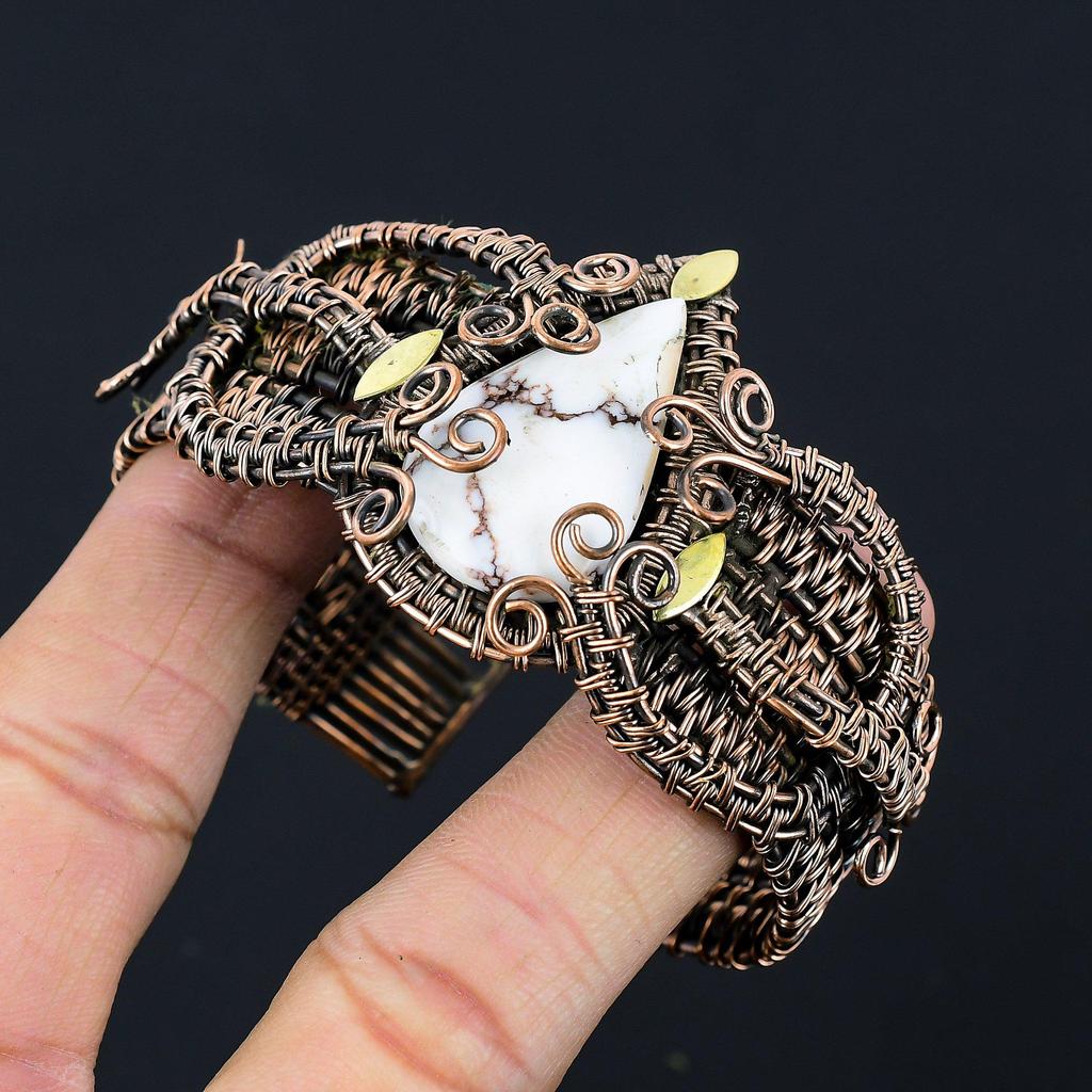Lovely Howlite Gemstone Handmade Copper Wire Wrap Jewelry Adjustable Bracelet For Her