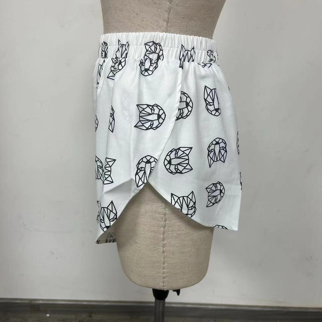 BITCED Loose Long Sleeve Women's Print Casual Commuter Lace-up Pajamas High-waisted Shorts Set