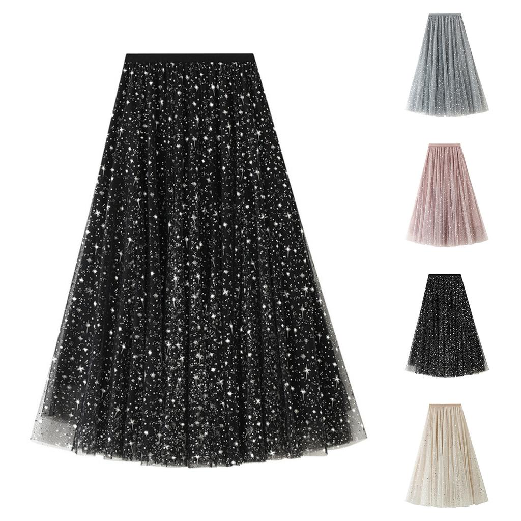 Women's Fashion Casual Solid Color High Waist Ruffle Splicing Mesh Half-body Skirt