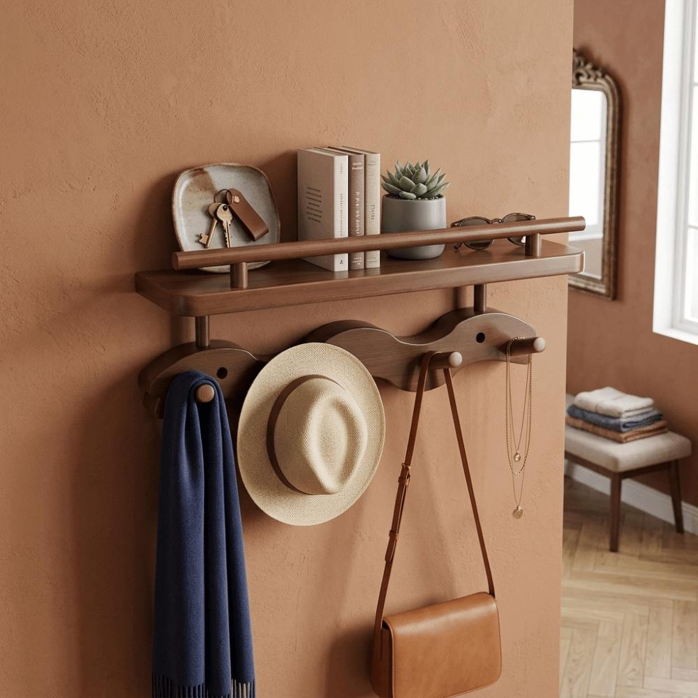 Solid Wood Wall-Mounted Coat Rack Heavy-Duty Hanging Clothes Hanger Hat Robe Organizer Bedroom