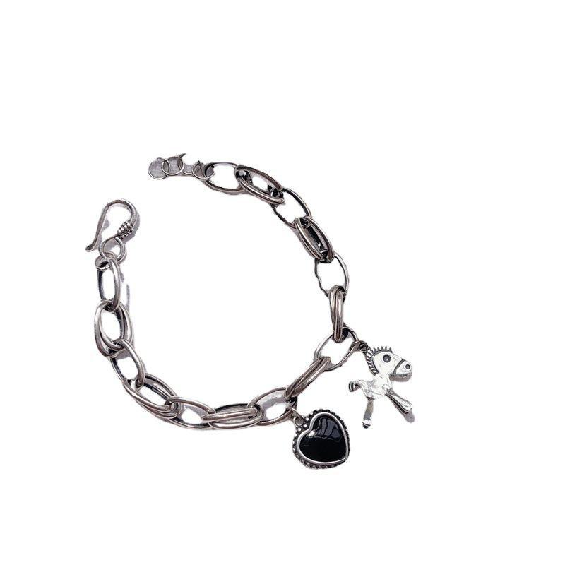 Модный ретро-браслет с подвесками в виде лошади, пики и сердца - толстая тайская серебряная цепочка для стиля знаменитости