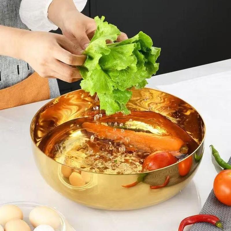 Golden Silver Stainless Steel Round Kitchen Cooking And Baking Kneading Bowl Rust-Resistant For Kneading Dough Serving Noodles