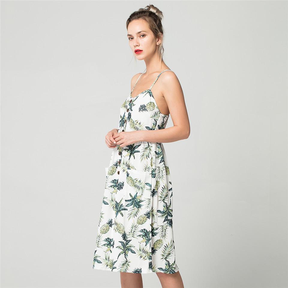 Sexy V Neck Backless Floral Summer Beach Dress Women Striped Button Pineapple Party Midi Dresses