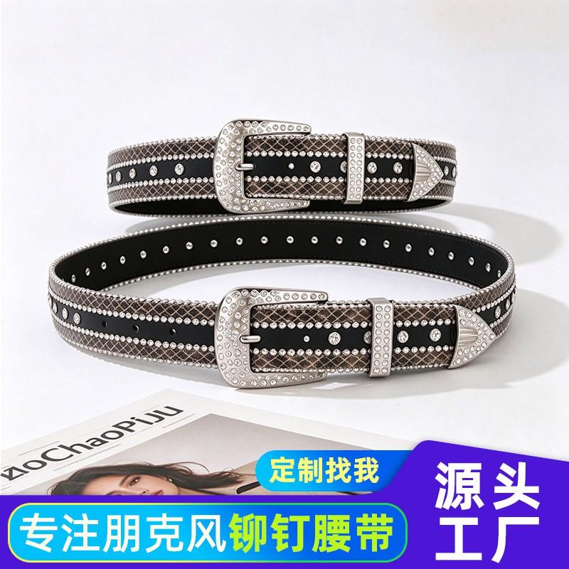Womens Fashion Belt Punk Rivet Rhinestone Snake PU Leather Waistband Jeans Dresses