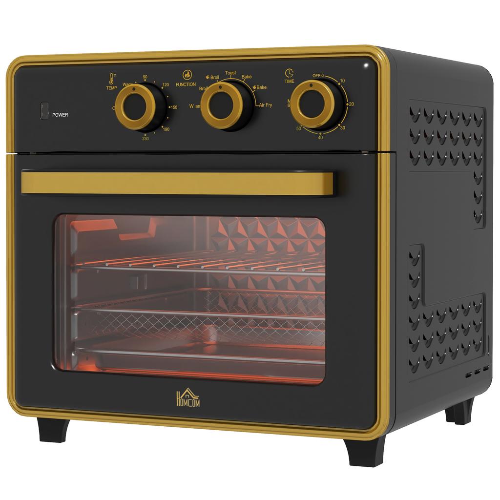 Mini Oven, 20 Liters, Oil-Free Frying, Grilling, Baking, Convection, 90-230 degrees C, Timer, 1400W, Black+Gold