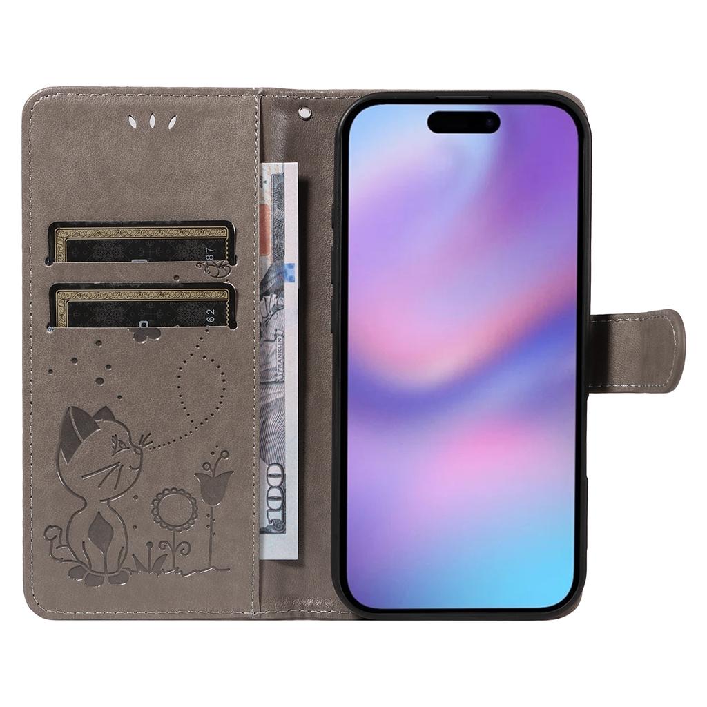 For iPhone 17 Leather Wallet Case Cat Bee Pattern Phone Cover Stand