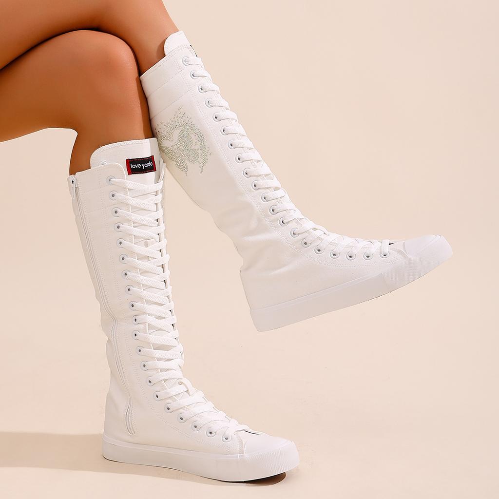 Женские длинные ботильоны до щиколотки, модные и удобные парусиновые сапоги до середины икры для девочек, подходящие для посещения вечеринок и повседневных прогулок