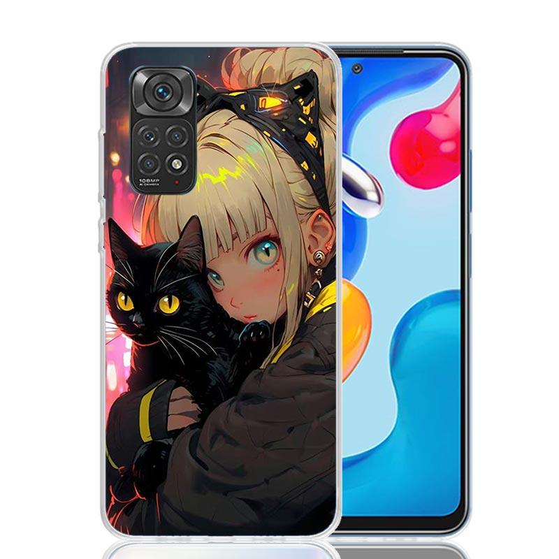 Милый черный кот в стиле аниме Чехол для телефона Xiaomi Redmi Note 14 13 14S 12S 12 11S 11T 11E Pro Plus 10S 10 9S 9 Арт Индивидуальный Coq
