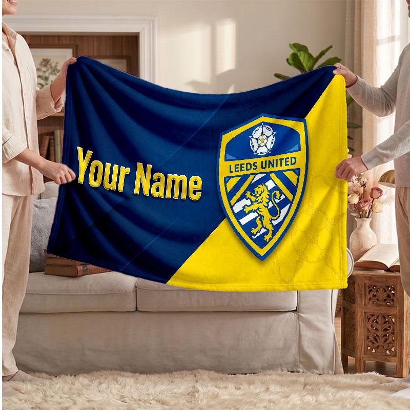Leeds United Personalized Fleece Blanket With Football Logo, Custom Name Text Soft Warm Home Throw Blanket