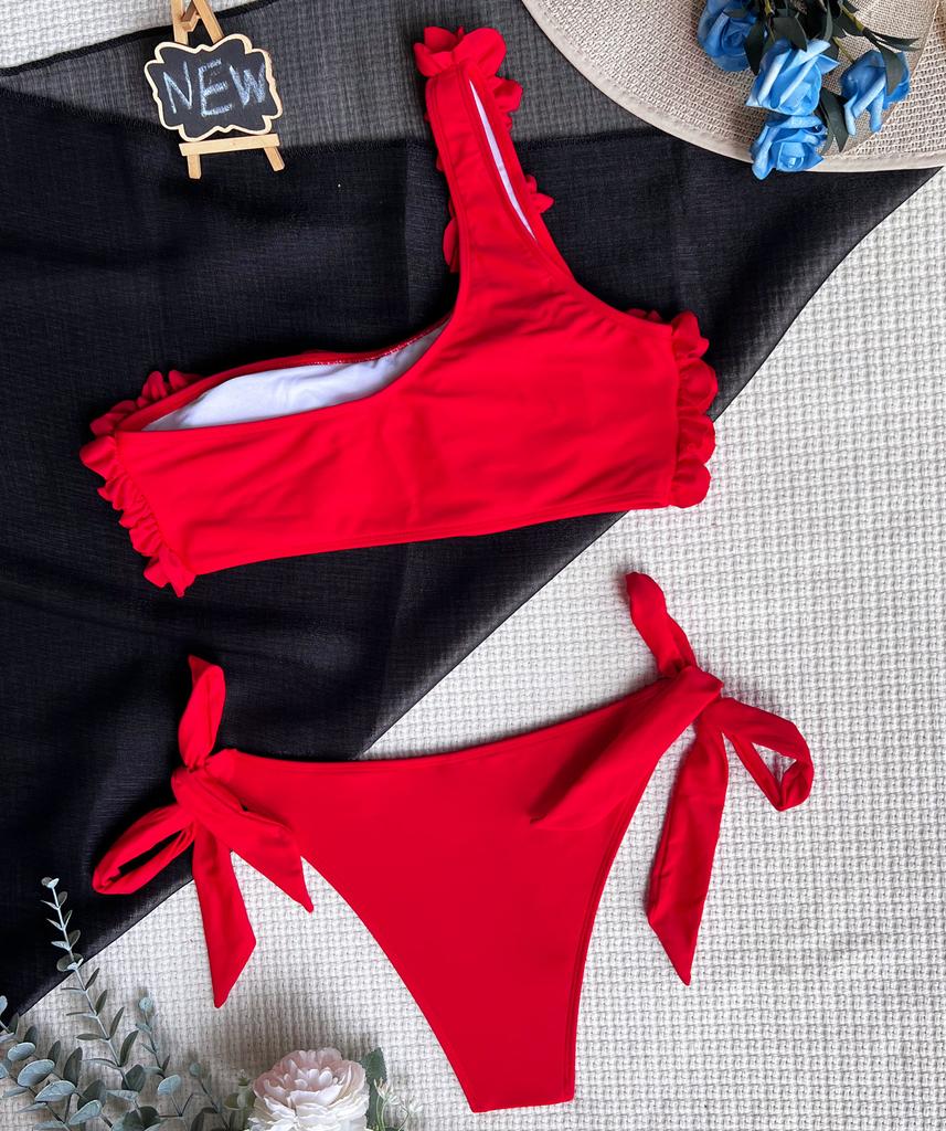 Women's Swimsuit Solid Color One Shoulder Lace Sexy Bikini Side Tie Thong Brazilian Beachwear Bathing Suits