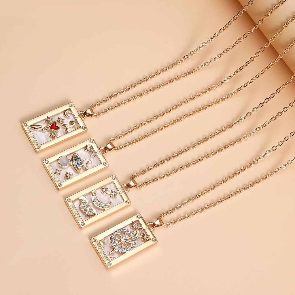 Rectangle Sun Moon Star Enamel Tarot Card Pendant Necklace Crystal Necklace