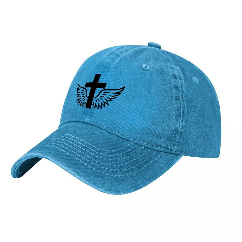 Winged Cross Logo Washed Canvas Baseball Cap Vintage Black Adjustable Hat with Religious Symbol Design for Unisex and Women