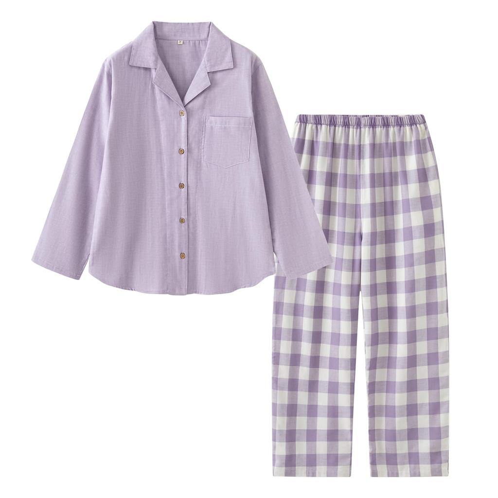 Euyqs Cotton Double Gauze Pair Light Purple Women's Pajamas, Loungewear, (JP, Alphabet, 2XL, Check)