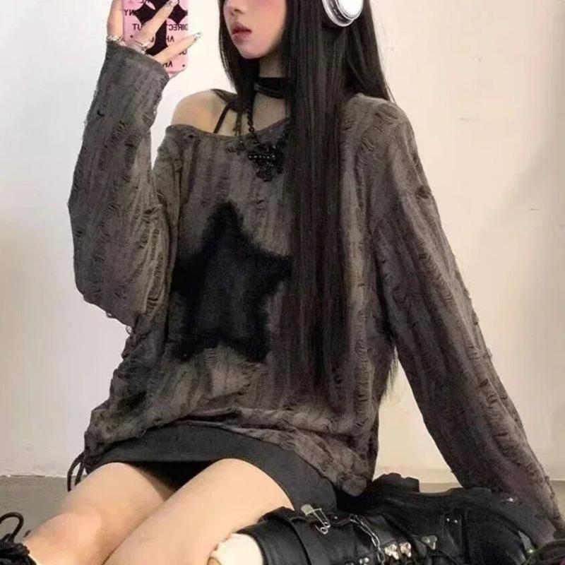 Футболка в стиле гранж, женская модная футболка с принтом звезды Y2k, эстетические свободные футболки Kpop Fairycore, рваная футболка Harajuku, готическая уличная одежда