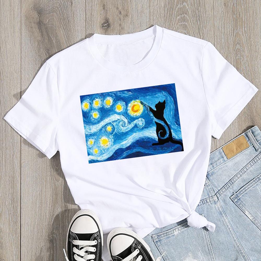 Van Gogh Starry Night Cat In The Print Fashion Soft Summer Women T-Shirt Art Painting Fashion Style Neck T Shirt