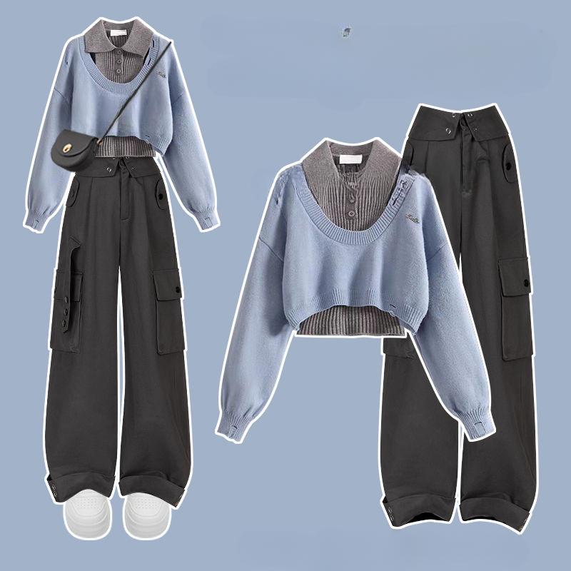 Осенне-зимний комплект, женский корейский вязаный свитер, женская майка-поло, универсальная рабочая одежда, комплект из трех предметов