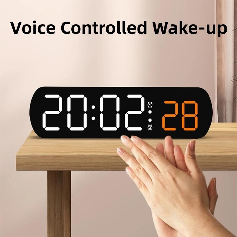 Voice Control Digital Alarm Clock with Temperature Display, Dual Alarm, Night Mode, 12/24H LED Desk Clock for Bedroom Office