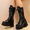 Fashion Fashion Chunky High Heel Mid Calf Boots Women Thick Bottom Patent Leather Punk Boots Woman Gothic Black Platform Combat Booties