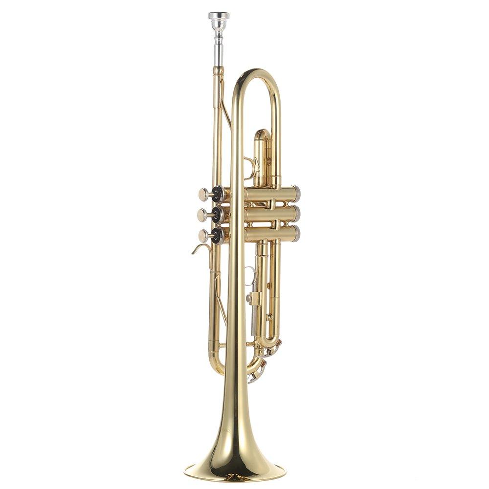 Juspins Trumpet Bb Flat, Brass Gold Finish, Exquisite and Durable Instrument with Mouthpiece, Gloves, Strap, and Case