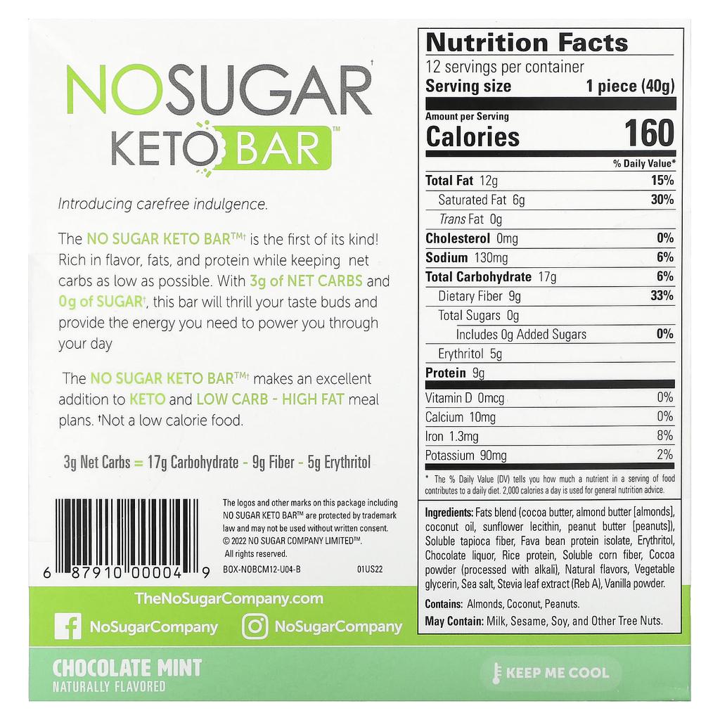 No Sugar Company Keto Bars, Chocolate Mint, 12 Bars, 1.41 Oz (40 G) Each