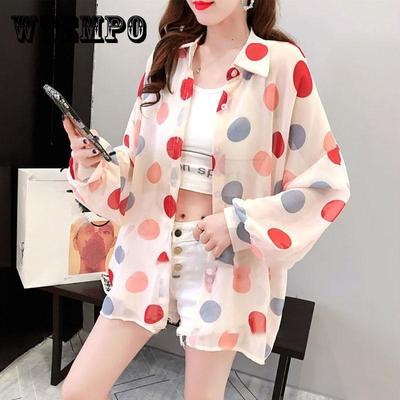 Шифоновая солнцезащитная рубашка для женщин в диких рубашках, летние топы в горошек, женские летние свободные тонкие рубашки