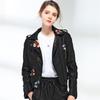 Women Floral Print Embroidery Faux Soft Leather Jacket Coat  Turn-down Collar Casual Pu Motorcycle Black Punk Outerwear