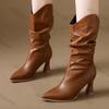 Женская мода Толстые каблуки Плиссированные ботильоны Женские массивные каблуки Острый носок Вестерн Ботильоны Мода Искусственная кожа Сексуальные ботильоны
