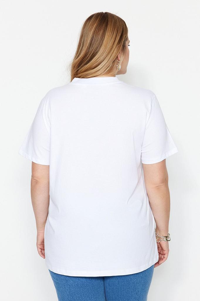 Women's Style Plus Size White Navy Blue Ribbed Collar Boyfriend Knitted T-shirt