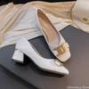 Shoes for Women Fashion Pumps New OL Leather Square High Heels Shoes Ladies Metal Decoration Leather Casual Shoes 35-43