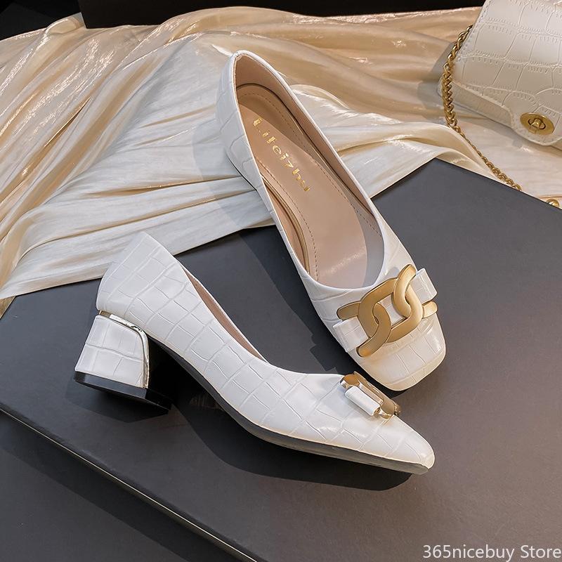 Shoes for Women Fashion Pumps New OL Leather Square High Heels Shoes Ladies Metal Decoration Leather Casual Shoes 35-43