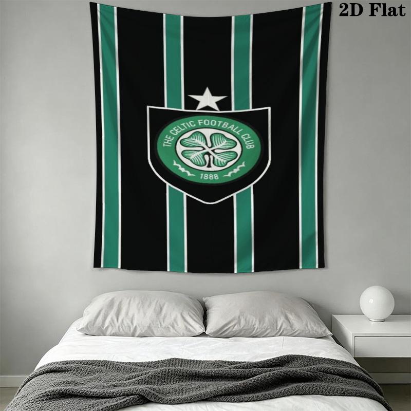 Celtic Football Club Tapestry, Black Green Striped Club Crest Print Wall Hanging for Fan Decor
