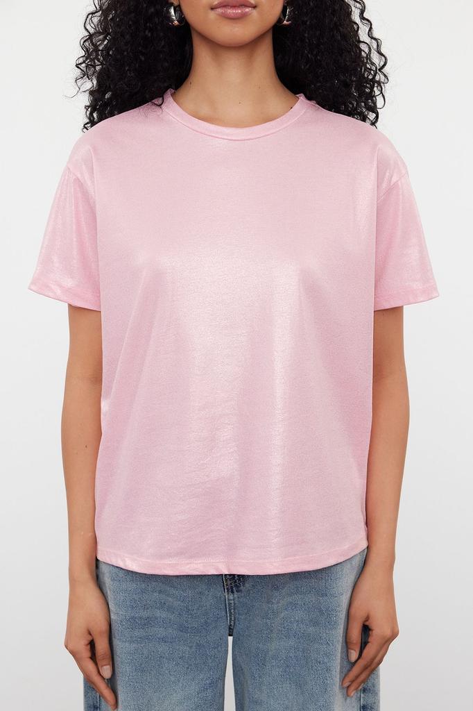 Женская стильная блузка Розовая трикотажная блузка стандартного кроя с принтом из фольги