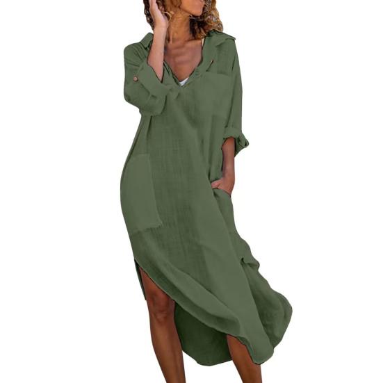 Women Summer Lapel V Neck Shirt Dress Solid Color Pockets Design Side Split Loose Fit Thin Midi Dress Beach Holiday Dress