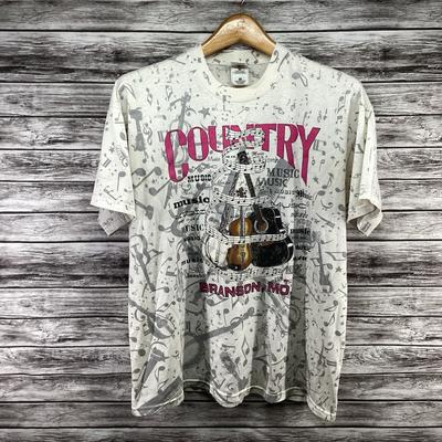 Vintage Country Music Shirt Mens XL White Branson, MO AOP Graphic Tee 80s 90s Unisex T-Shirt