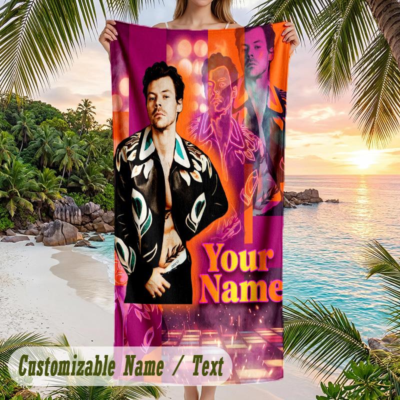 Harry Styles Beach Towel, Personalized Custom Name Text, Quick Dry Large Absorbent Towel For Beach Pool