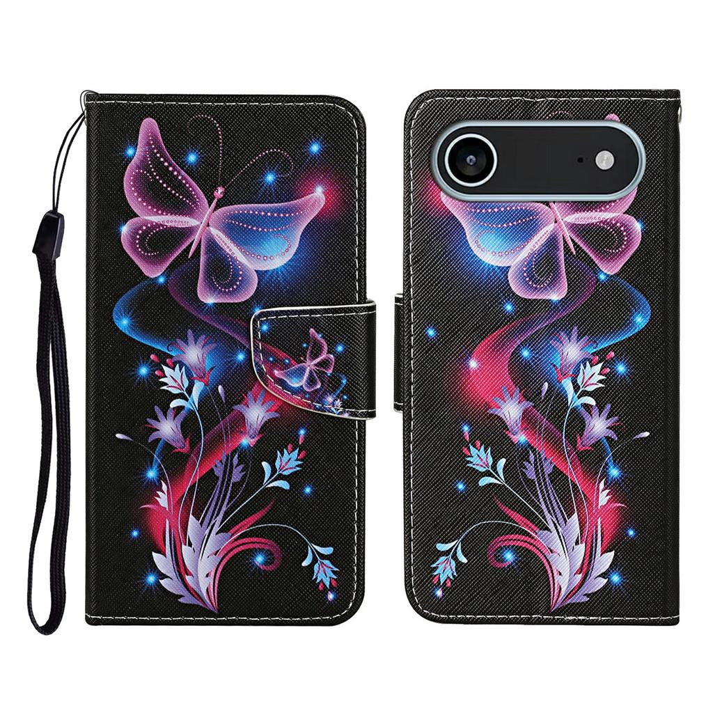 For iPhone 17 Air Case Pattern Printing Protective Leather Folio Phone Cover with Wrist Strap