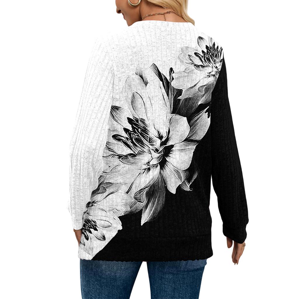 Women's Fashionable Oversized V-Neck T-Shirt With Floral Print Long-Sleeved Pullover Top