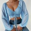 Summer V-neck Chiffon Drawstring Lantern Sleeve Tight Fashion Sexy Shirt Short Top