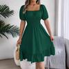 Fashion Women's Square Collar Short Sleeve Pleated High Waist Dress Women Casual Office Career Business Dresses Solid Color Dress Women