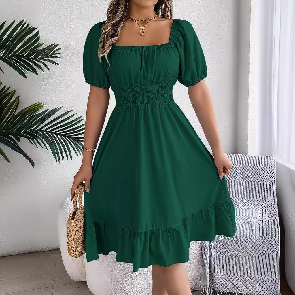 Fashion Women's Square Collar Short Sleeve Pleated High Waist Dress Women Casual Office Career Business Dresses Solid Color Dress Women