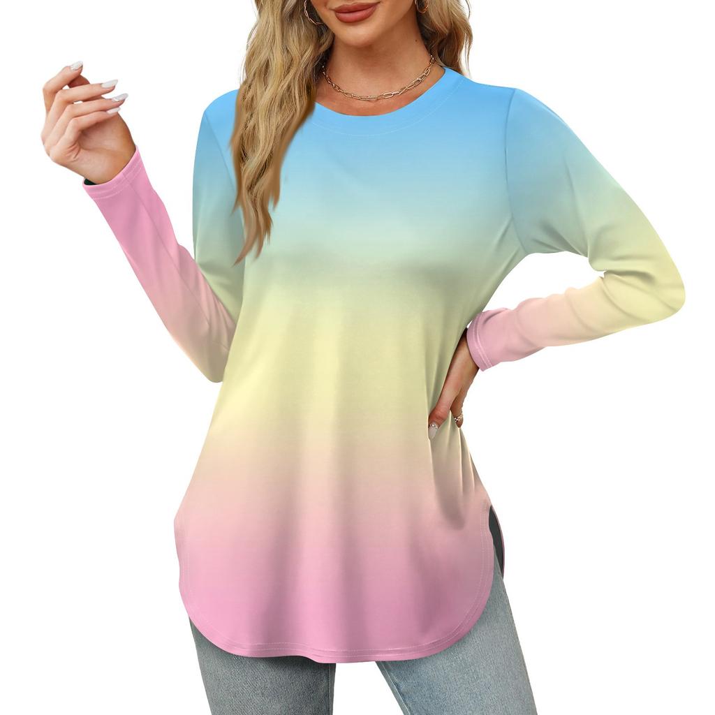 Женские рубашки с длинным рукавом и круглым вырезом, базовые свободные туники с боковым разрезом, повседневные рубашки с цветочным принтом