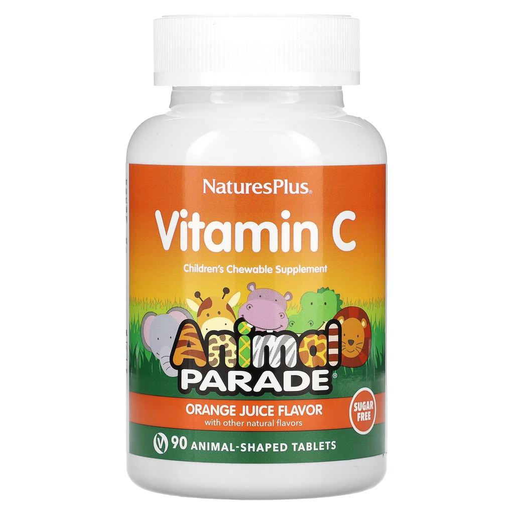 NaturesPlus, Animal Parade, children's chewable vitamin C supplement, orange juice flavor, sugar-free, 90 animal-shaped tablets