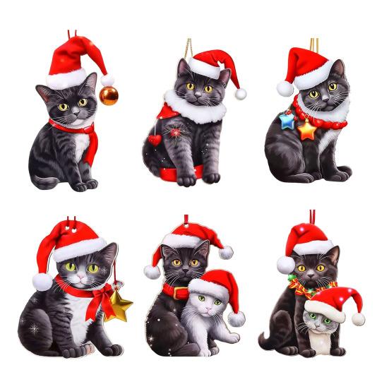 Christmas Cat Ornament Cartoon Cat with Santa Hat Pendant 2D Flat Acrylic Christmas Tree Hanging Decoration for Holiday Home Decor